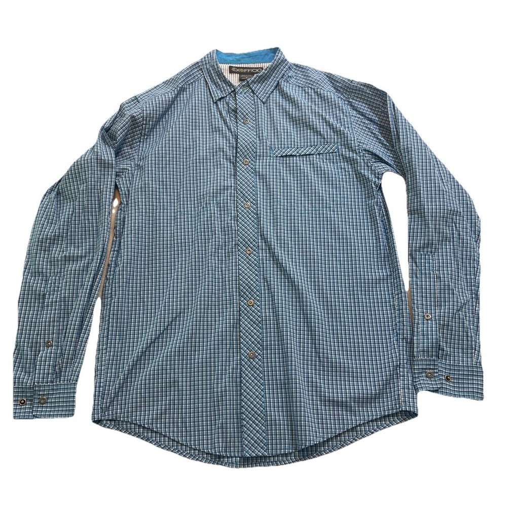 ExOfficio Shirt Mens Large Blue Plaid Cotton Poly Long Sleeve Button Up Outdoor